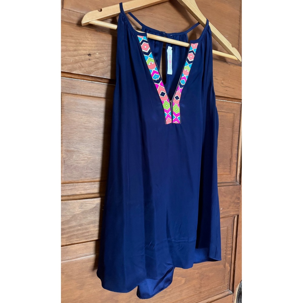 Alice & Trixie Navy Blue 100% Silk Embroidered Halter Neck Top Medium